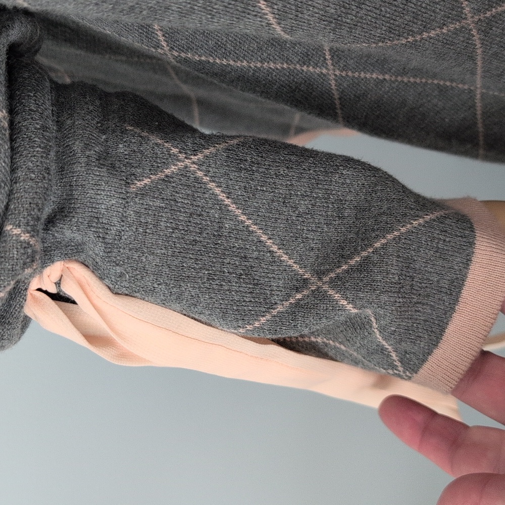 Women's Gray Argyle Open Cardigan with Pink Trim - Picture 5 of 12